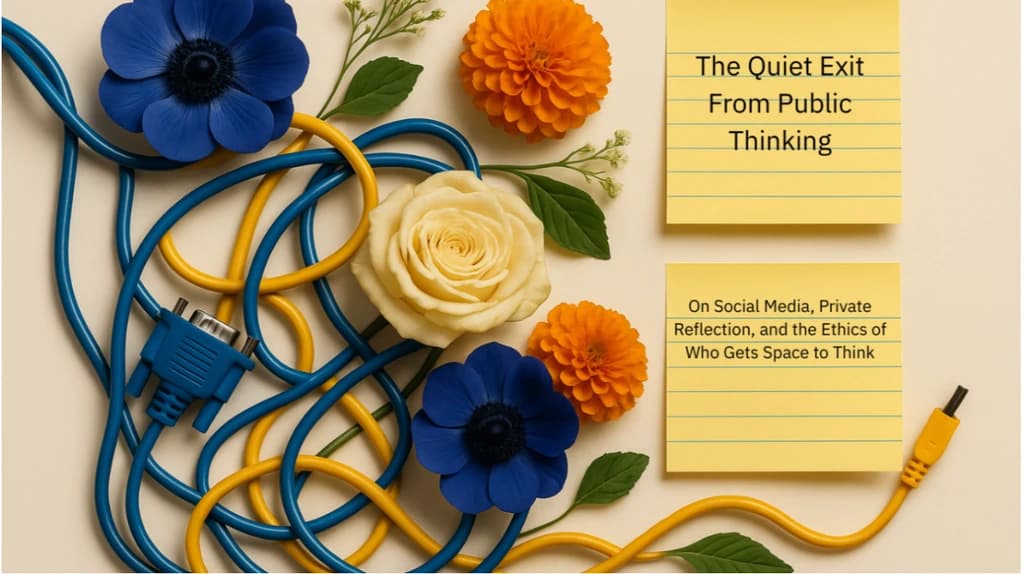 Blue and yellow cables intertwined with flowers beside yellow notes showing the article title and subtitle about social media, private reflection and who gets space to think.
