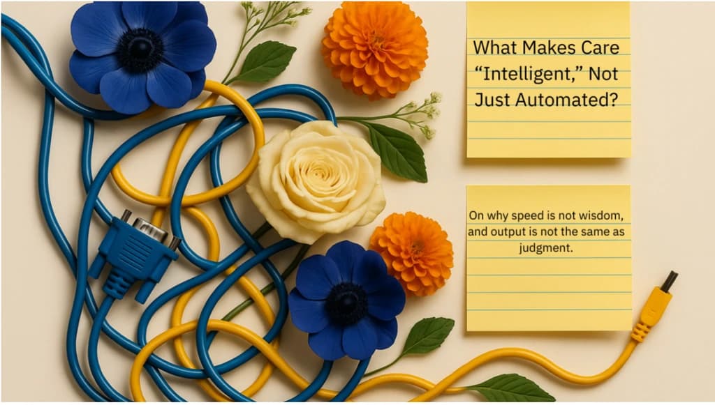Blue and yellow cables intertwined with flowers beside yellow notes displaying the article title and a subtitle about speed, wisdom, output and judgment.