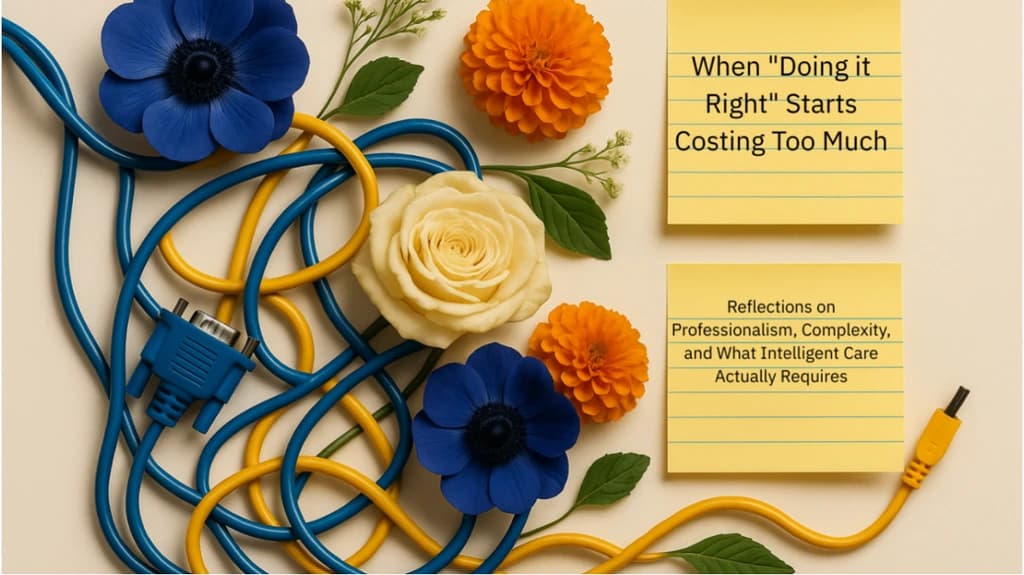 Blue and yellow cables intertwined with flowers beside yellow notes showing the article title and subtitle about professionalism, complexity and intelligent care.