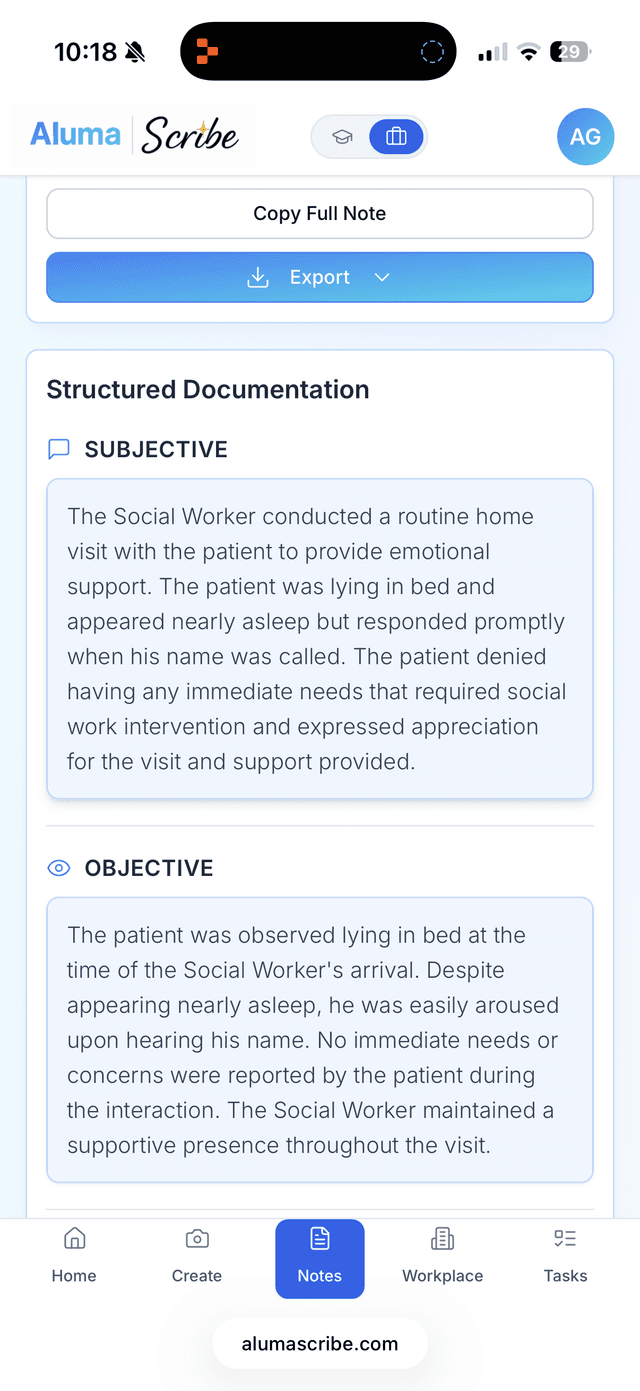 Generated SOAP note with structured documentation