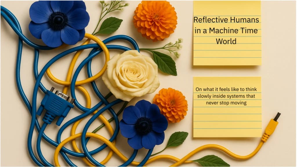 Blue and yellow cables intertwined with flowers beside yellow notes displaying the article title and a subtitle about thinking slowly inside systems that never stop moving.